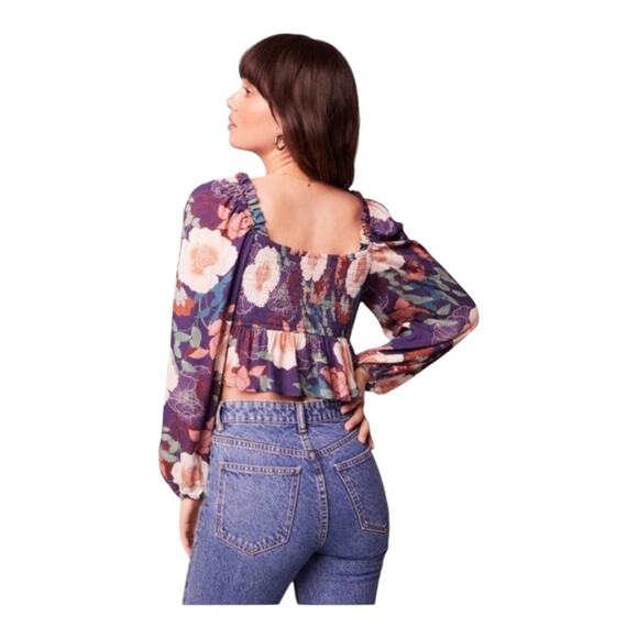 Band of the Free NWT Floriane Purple Floral Print Balloon Sleeve Crop Top Large - Picture 2 of 16